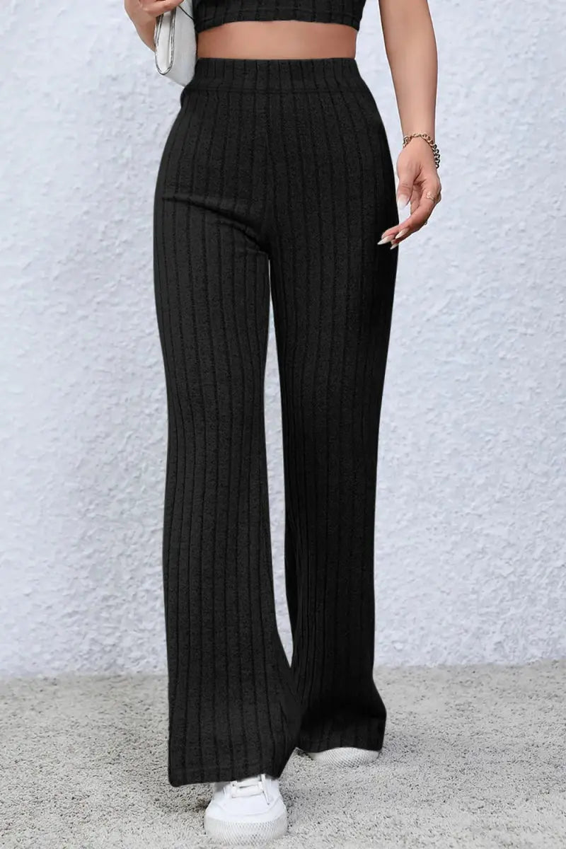 Basic Bae Full Size Ribbed High Waist Flare Pants for Women - Love Salve
